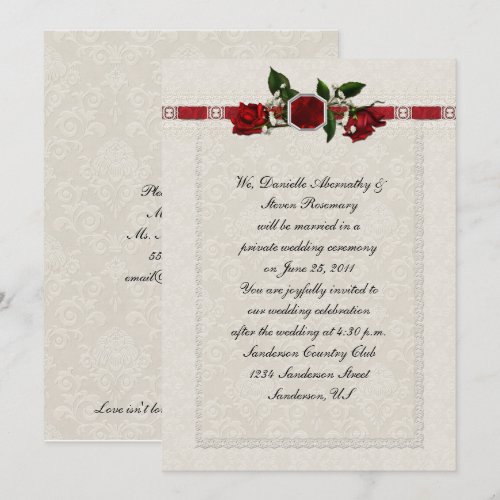 Ruby and Red Roses Ribbon Post Wedding Personalized Invites