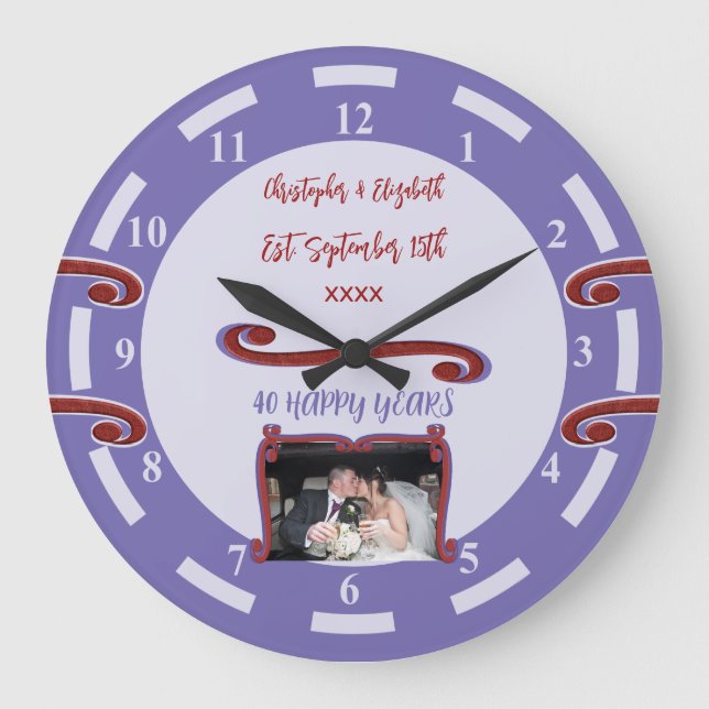 Ruby Anniversary 40 years add names photo purple Large Clock (Front)