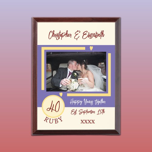 Ruby Anniversary 40 years photo names red purple Award Plaque