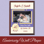 Ruby Anniversary 40 years photo names red purple Award Plaque<br><div class="desc">Ruby anniversary keepsake wood plaque.
A gift for the happy couple celebrating 40 years together.
Add a photo,  names and the established date / year.
Red,  ivory,  yellow and purple with love hearts.</div>