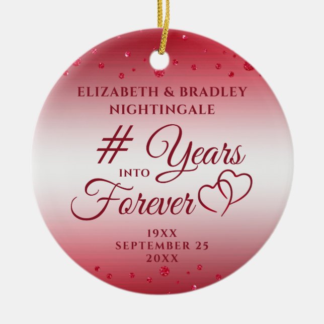 Ruby Anniversary Hearts YEARS INTO FOREVER Photo Ceramic Ornament (Front)