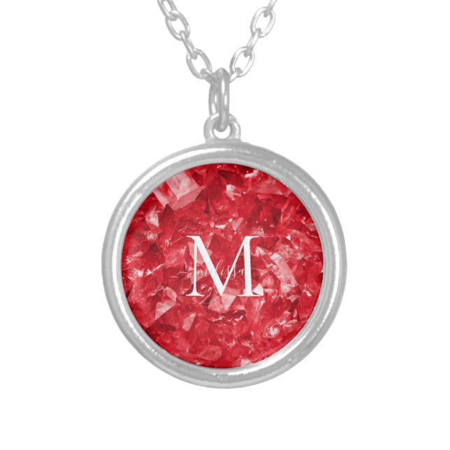 Ruby Birthstone Monogram Personalized Name Silver Plated Necklace (Front)