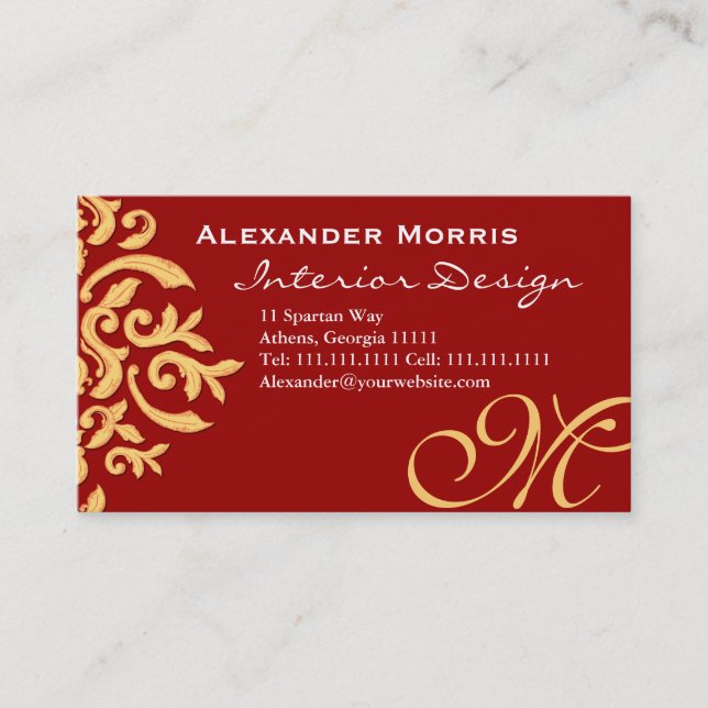 Ruby Black and Gold Elegant Baroque Damask Business Card (Front)