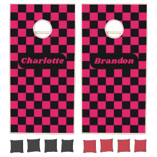 Ruby & Black Checker with Names Cornhole Set