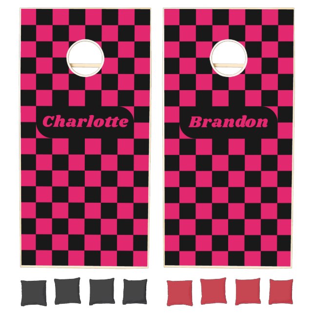Ruby & Black Checker with Names Cornhole Set (Set)