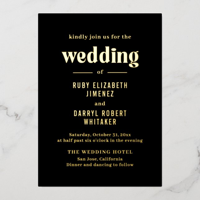 Ruby Black Modern Wedding Foil Invitation (Front)