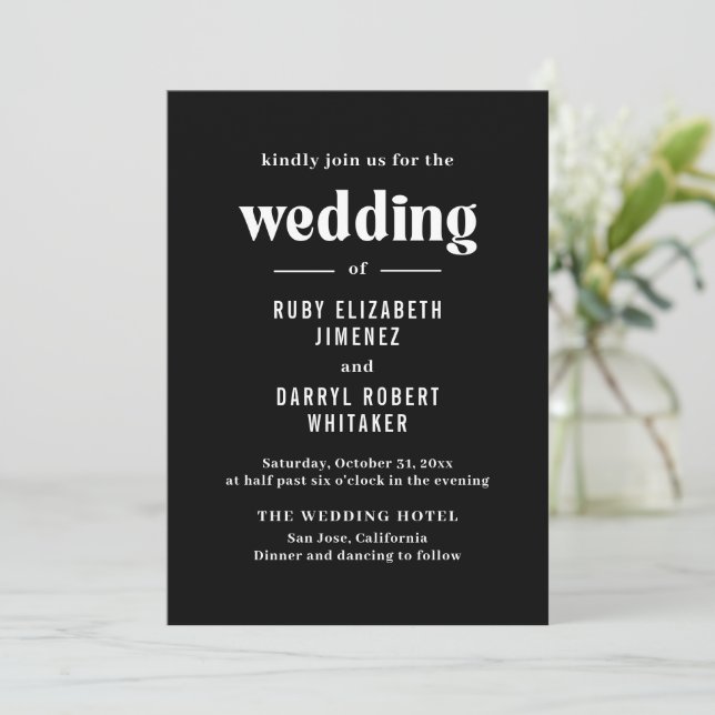 Ruby Black Modern Wedding Invitation (Standing Front)