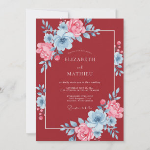 Ruby Blue Pink Floral Watercolor Wedding Invitation