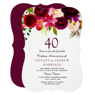 Ruby Burgundy Red Floral 40th Wedding Anniversary Invitation