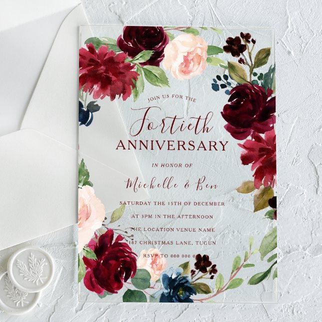 Ruby Burgundy Red Wreath 40th Wedding Anniversary Acrylic Invitations (Creator Uploaded)