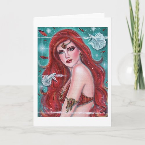 Ruby Carmina mermaid with white bettas fantasy art Card