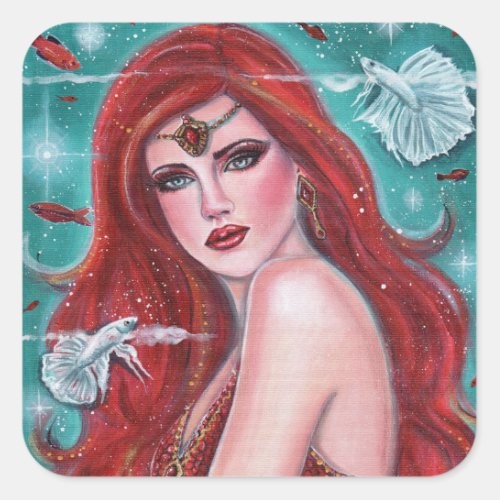 Ruby Carmina mermaid with white bettas fantasy art Square Sticker