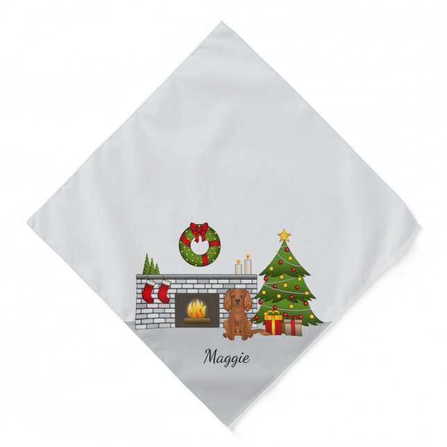 Ruby Cavalier Dog In A Christmas Room & Name Bandana (Front)
