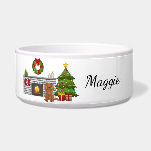 Ruby Cavalier Dog In A Christmas Room & Name Bowl