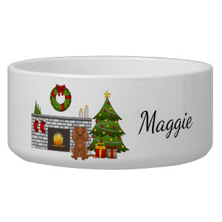 Ruby Cavalier Dog In A Christmas Room &amp; Name Bowl