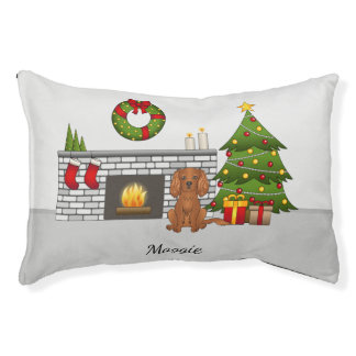 Ruby Cavalier Dog In A Christmas Room &amp; Name Pet Bed