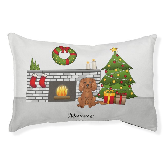 Ruby Cavalier Dog In A Christmas Room & Name Pet Bed (Front)