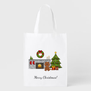 Ruby Cavalier Dog In A Christmas Room & Text Grocery Bag