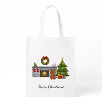 Ruby Cavalier Dog In A Christmas Room &amp; Text Grocery Bag