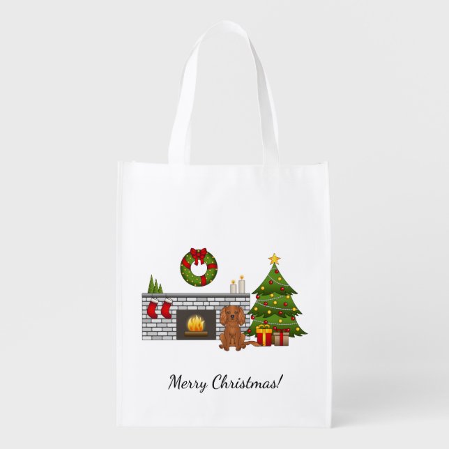 Ruby Cavalier Dog In A Christmas Room & Text Grocery Bag (Front)