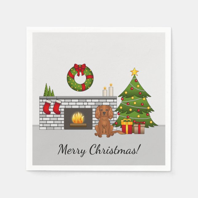 Ruby Cavalier Dog In A Christmas Room & Text Napkins (Front)