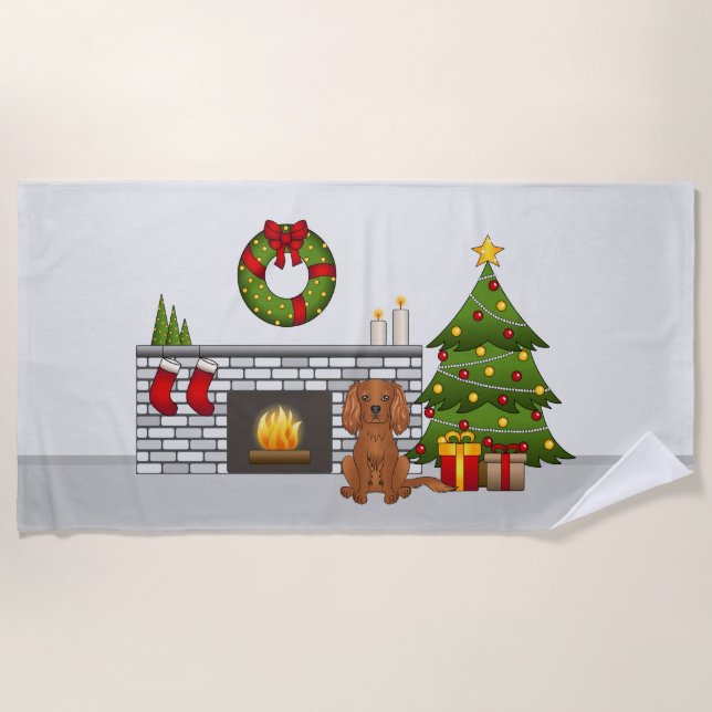 Ruby Cavalier Dog In A Festive Christmas Room Beach Towel (Front)