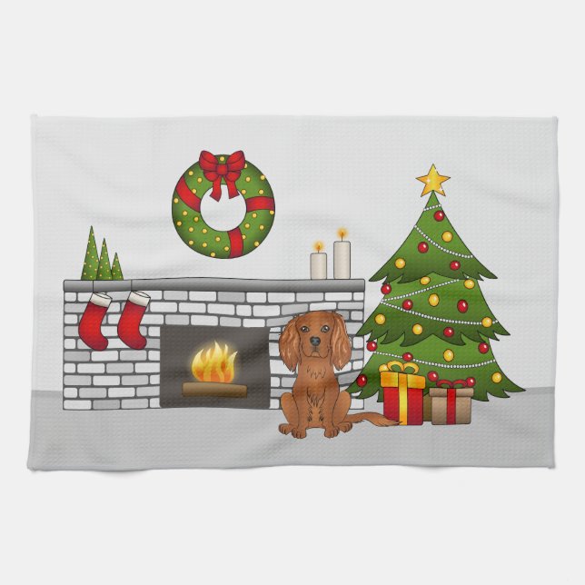 Ruby Cavalier Dog In A Festive Christmas Room Kitchen Towel (Horizontal)