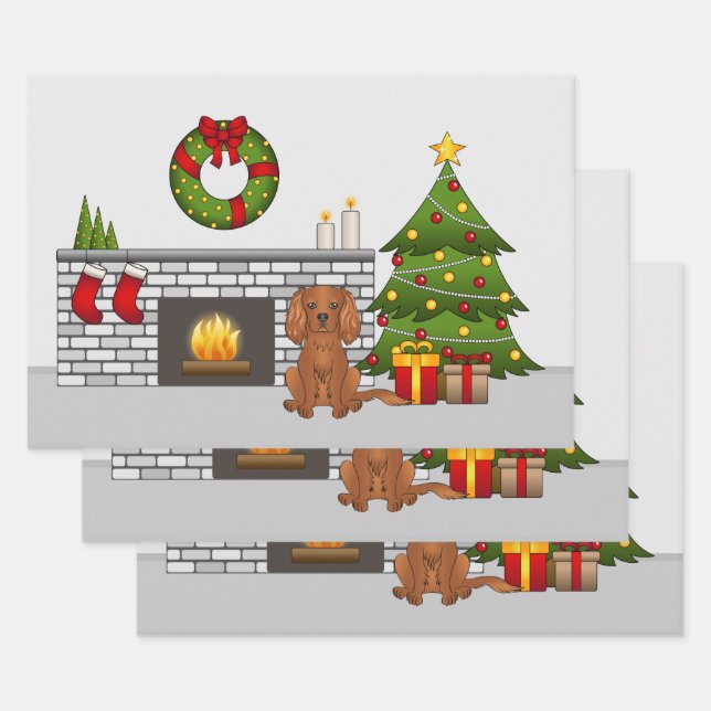 Ruby Cavalier Dog In A Festive Christmas Room Wrapping Paper Sheets (Set)