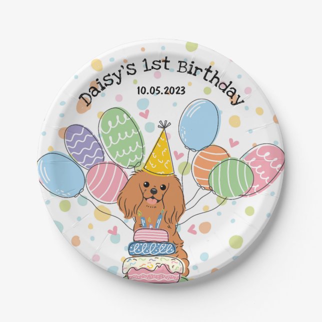 Ruby Cavalier King Charles Spaniel Birthday Paper Plates (Front)
