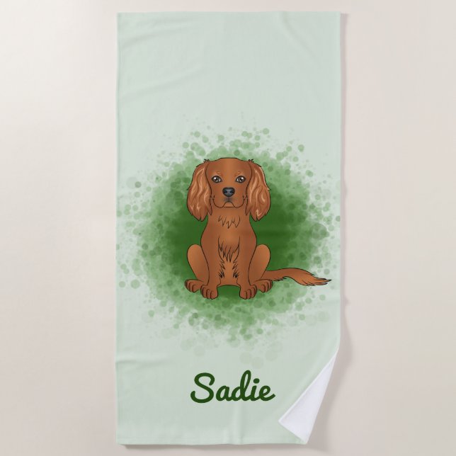 Ruby Cavalier King Charles Spaniel Dog On Green Beach Towel (Front)