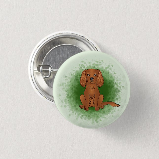 Ruby Cavalier King Charles Spaniel Dog On Green Button (Front & Back)