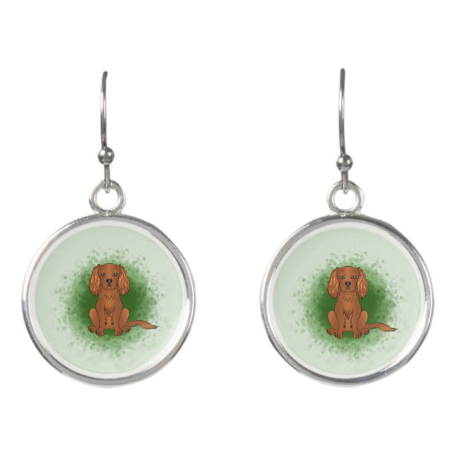 Ruby Cavalier King Charles Spaniel Dog On Green Earrings (Front)