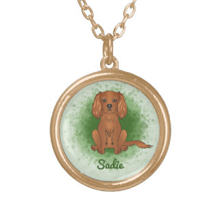 Ruby Cavalier King Charles Spaniel Dog On Green Gold Plated Necklace