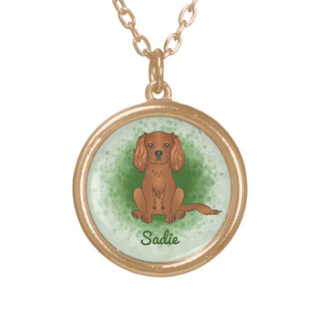 Ruby Cavalier King Charles Spaniel Dog On Green Gold Plated Necklace (Front)