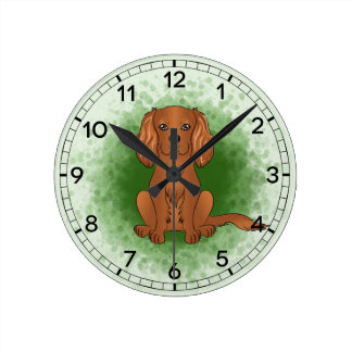 Ruby Cavalier King Charles Spaniel Dog On Green Round Clock