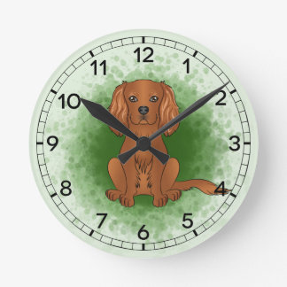 Ruby Cavalier King Charles Spaniel Dog On Green Round Clock
