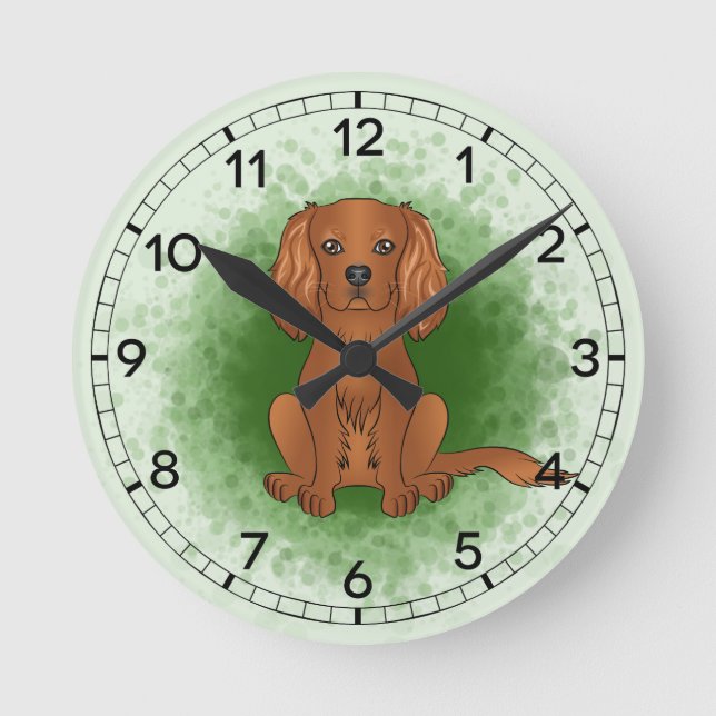 Ruby Cavalier King Charles Spaniel Dog On Green Round Clock (Front)