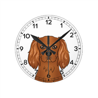 Ruby Cavalier King Charles Spaniel Head Round Clock