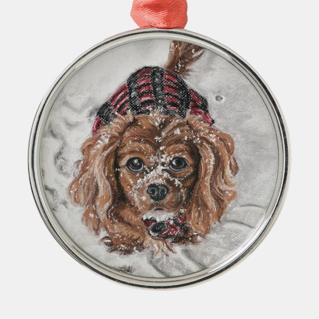 Ruby Cavalier King Charles Spaniel in the snow Metal Ornament (Front)