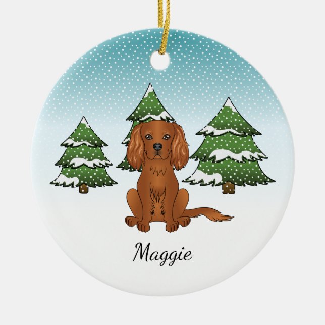 Ruby Cavalier King Charles Spaniel In Winter Ceramic Ornament (Front)