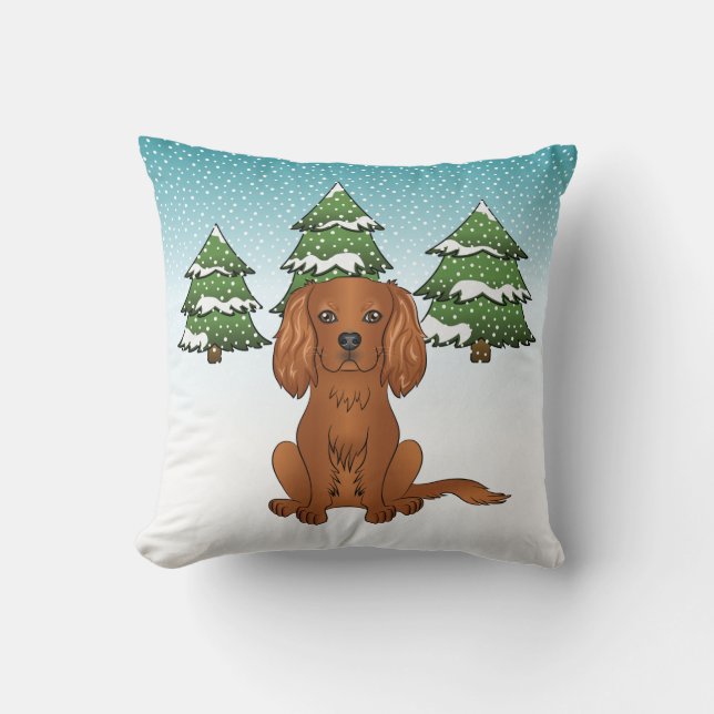 Ruby Cavalier King Charles Spaniel In Winter Throw Pillow (Front)