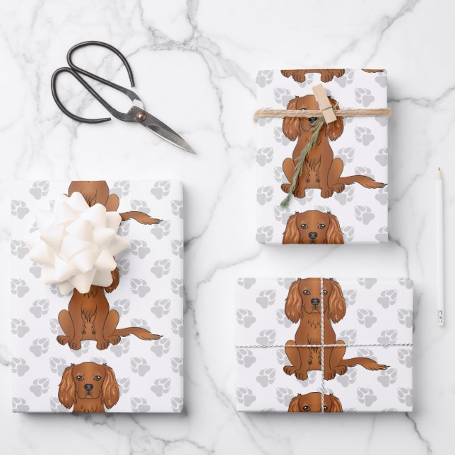 Ruby Cavalier King Charles Spaniel Pattern Wrapping Paper Sheets (Front)