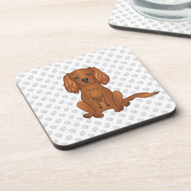 Ruby Cavalier King Charles Spaniel & Paws Beverage Coaster (Left Side)