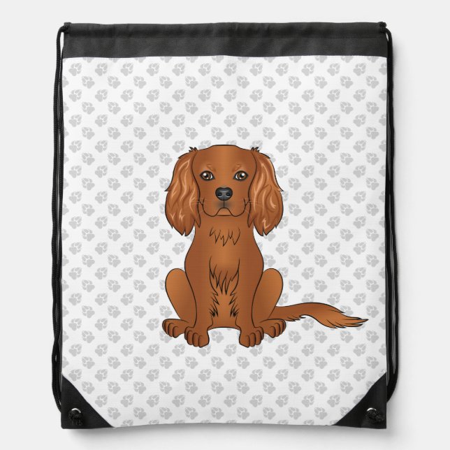 Ruby Cavalier King Charles Spaniel & Paws Drawstring Bag (Front)
