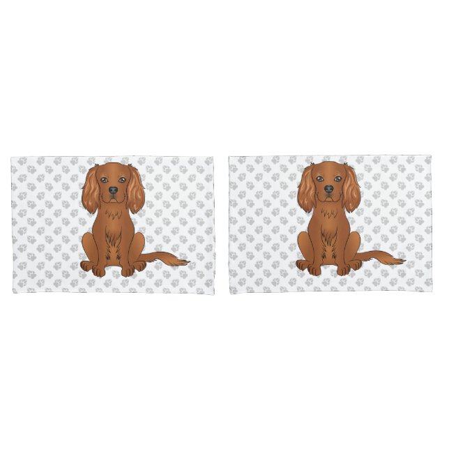 Ruby Cavalier King Charles Spaniel & Paws Pillow Case (Front-Set)