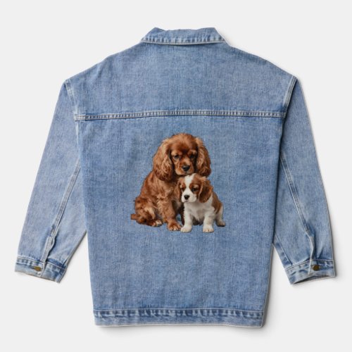Ruby Cavalier Spaniel and her Blenheim puppy Denim Jacket