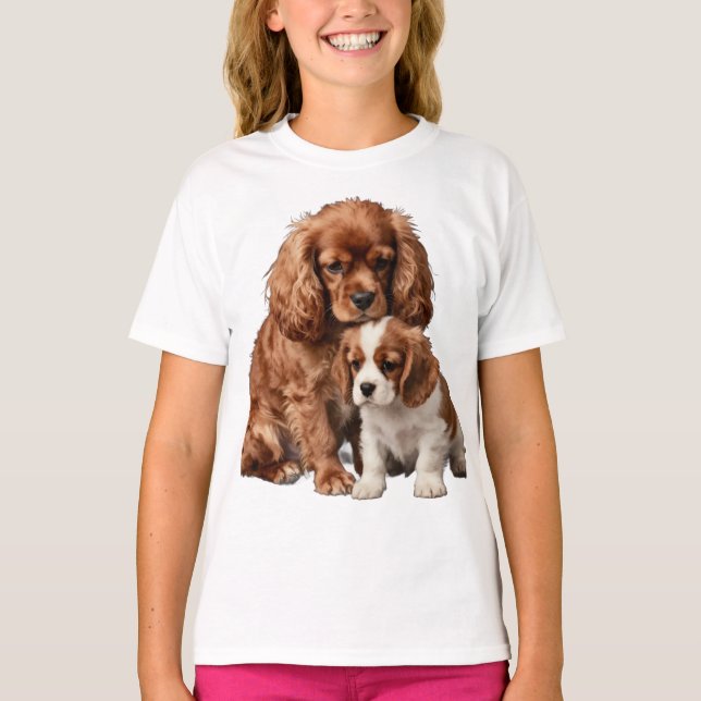 Ruby Cavalier Spaniel and her Blenheim puppy T-Shirt (Front)