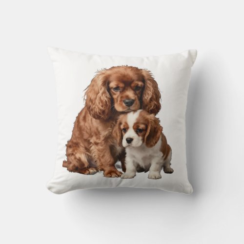 Ruby Cavalier Spaniel and her Blenheim puppy Throw Pillow