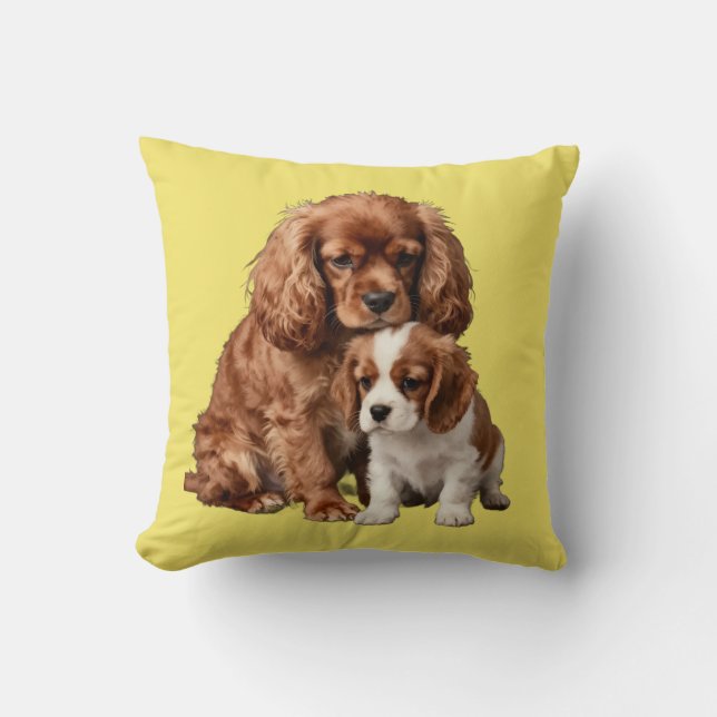 Ruby Cavalier Spaniel and her Blenheim puppy Throw Pillow (Front)