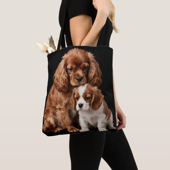 Ruby Cavalier Spaniel and her Blenheim puppy Tote Bag (Close Up)